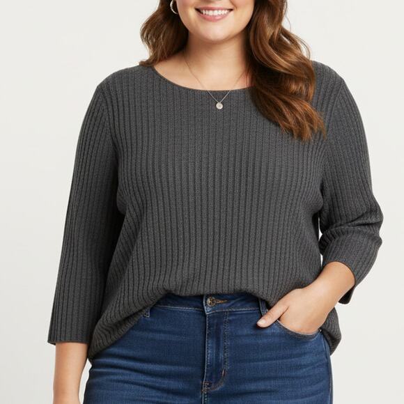 Eileen fisher ribbed 100% merino wool sweater gray 3/4th sleeve boxy lagenlook